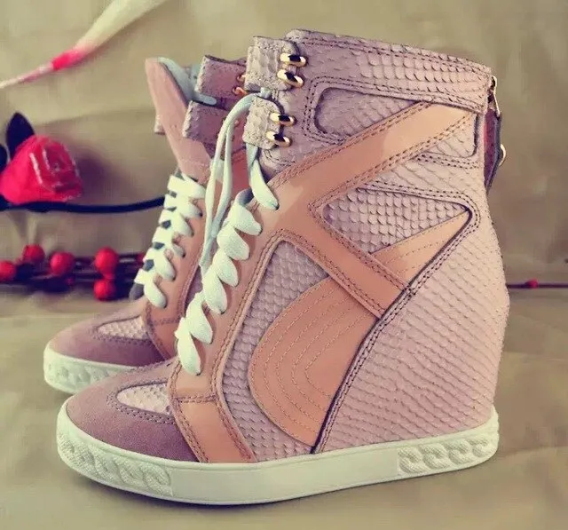 Patchwork Height Increasining Women Casual Shoes Wedges Sneakers Genuine Leather Metal Toe Pink Lace Up Platform Shoes Women
