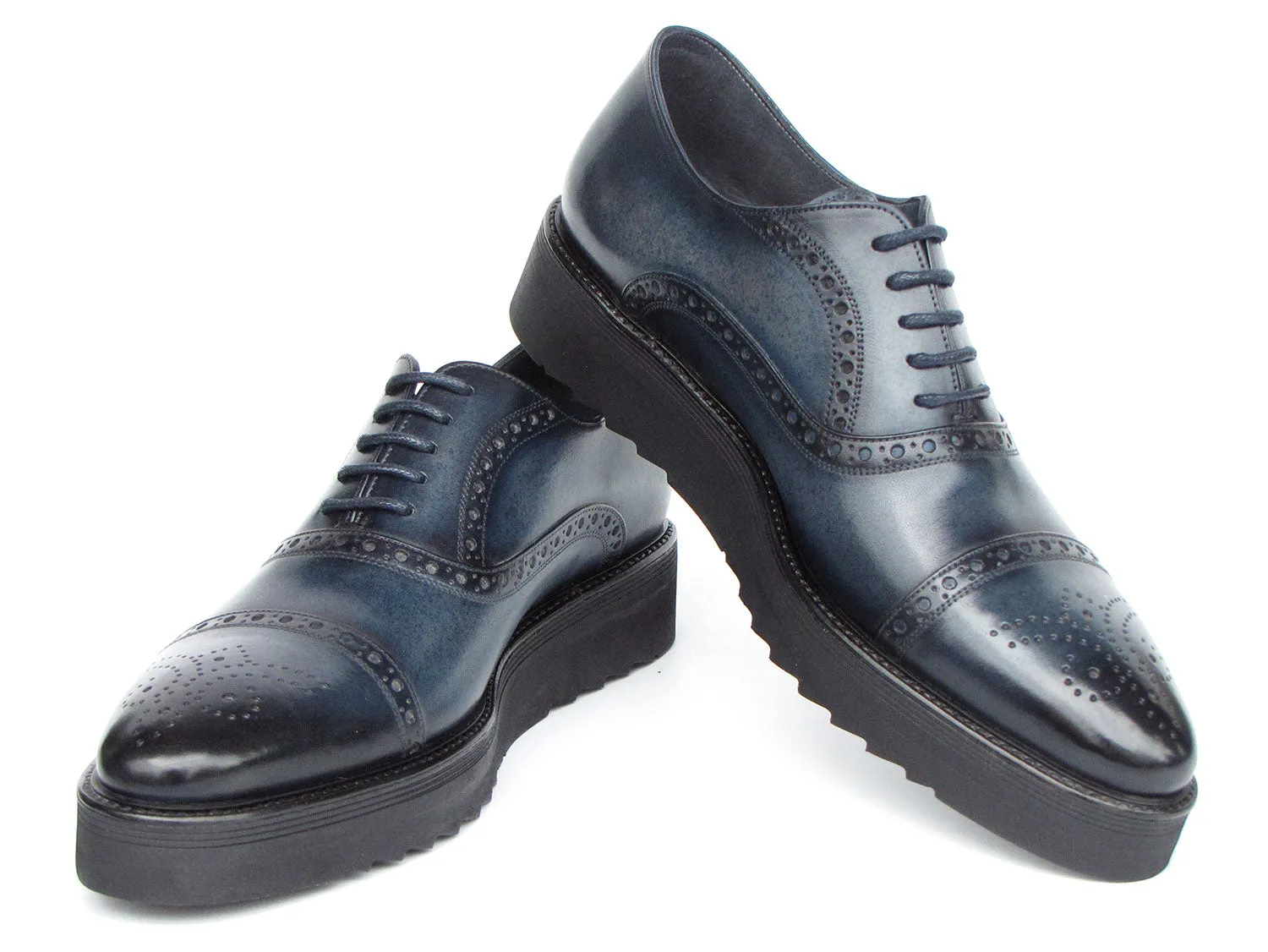 Paul Parkman Men's Smart Casual Cap Toe Oxford Shoes Navy Leather