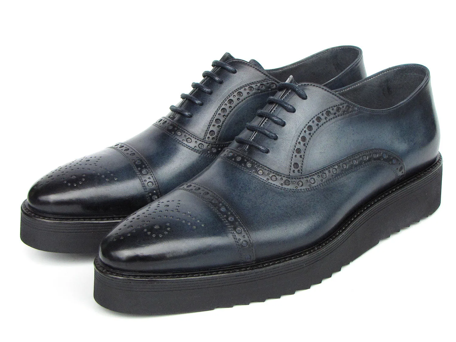 Paul Parkman Men's Smart Casual Cap Toe Oxford Shoes Navy Leather