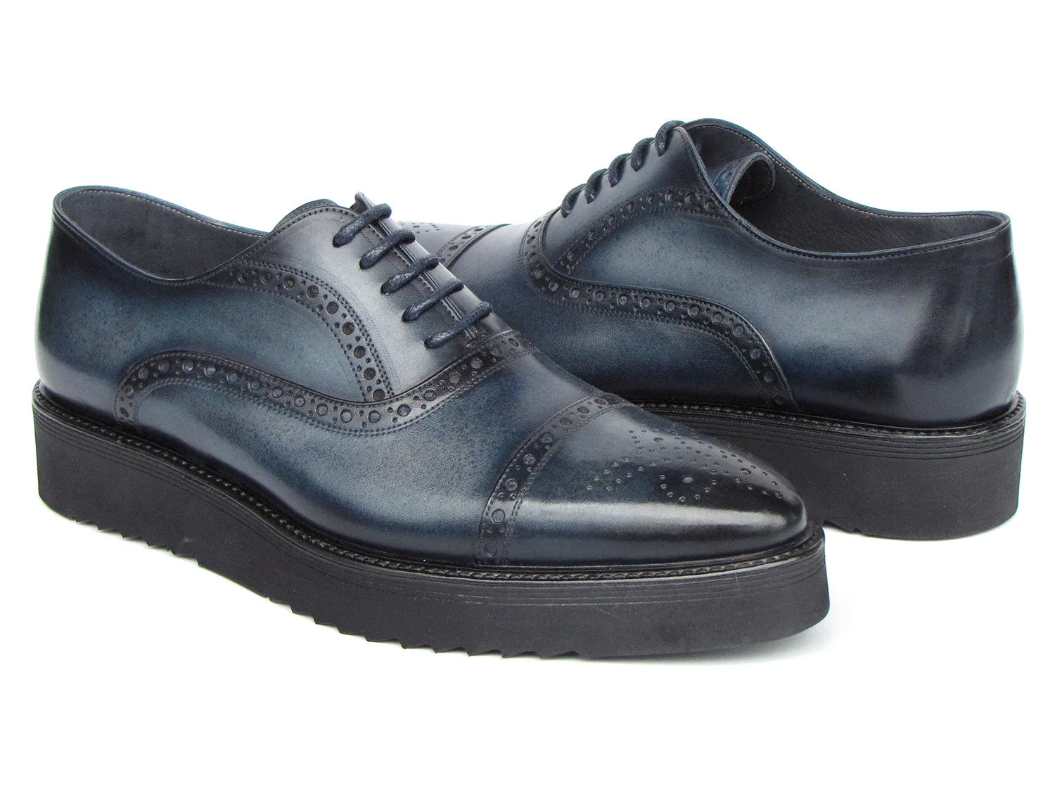 Paul Parkman Men's Smart Casual Cap Toe Oxford Shoes Navy Leather