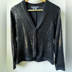 PER SE Sequin Silk Cotton Cardigan Embellished Black Party Date Night Mob Wife M