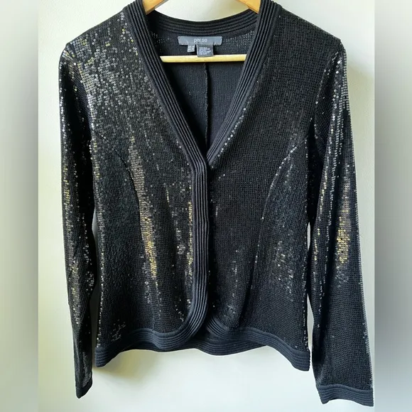 PER SE Sequin Silk Cotton Cardigan Embellished Black Party Date Night Mob Wife M