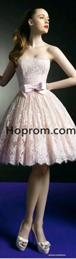 Pink Bowknot Lace Homecoming Dress, Strapless Homecoming Dress