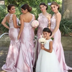 Pink Mermaid Lace Bridesmaid Gowns for Wedding