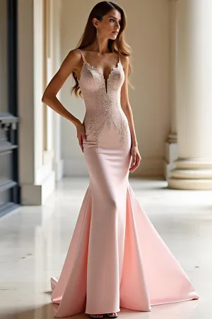 Pink Mermaid Long Satin Prom Dress with Appliques