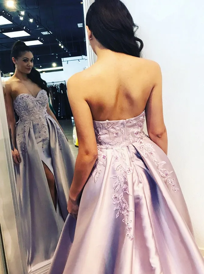 Pink Strapless Stain Long Appliques Prom Dresses With Beading Side Slit Evening Dresses