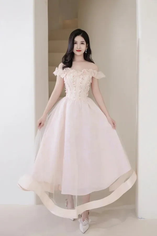 Pink Tulle Beaded Short Prom Dress, Pink Off Shoulder Evening Party Dress APH0248
