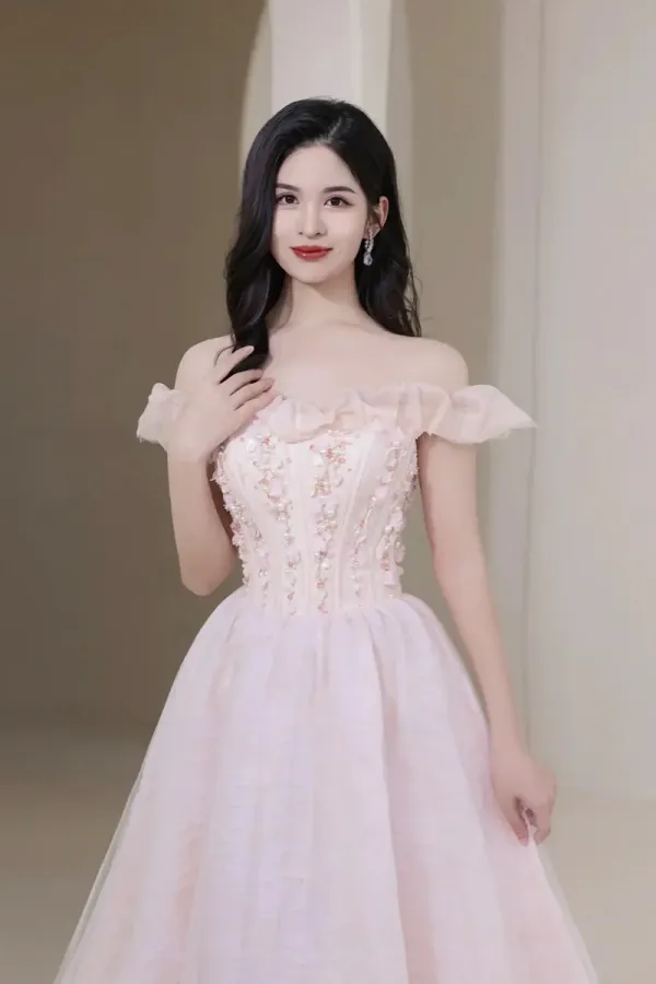 Pink Tulle Beaded Short Prom Dress, Pink Off Shoulder Evening Party Dress APH0248