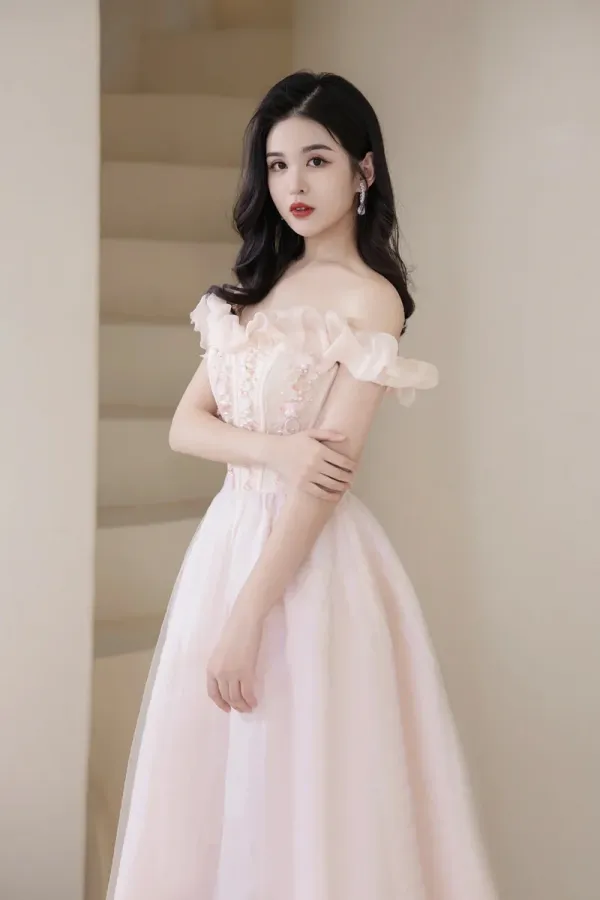 Pink Tulle Beaded Short Prom Dress, Pink Off Shoulder Evening Party Dress APH0248