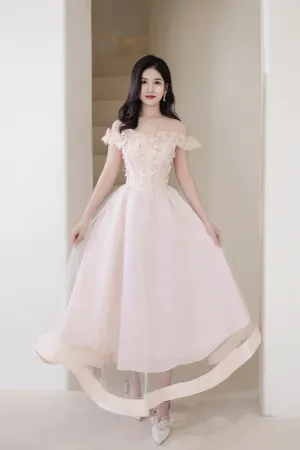 Pink Tulle Beaded Short Prom Dress, Pink Off Shoulder Evening Party Dress APH0248