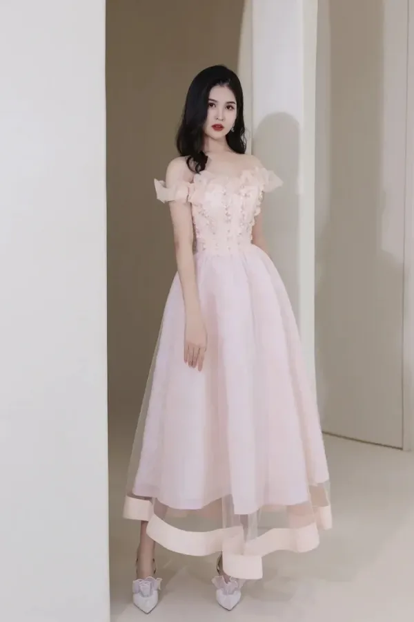 Pink Tulle Beaded Short Prom Dress, Pink Off Shoulder Evening Party Dress APH0248