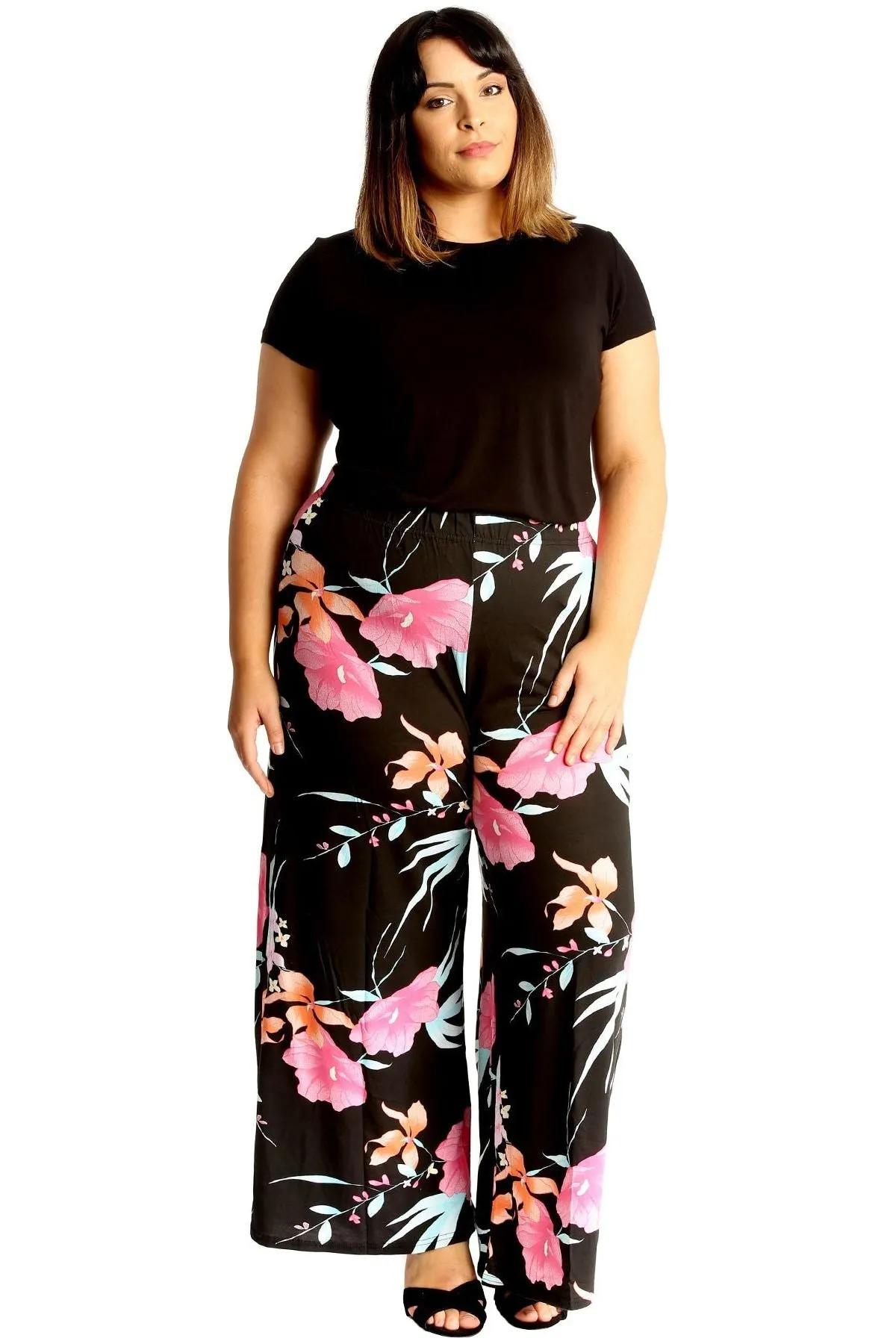 Plus Size Cerise Aqua Floral Print Palazzo Trouser