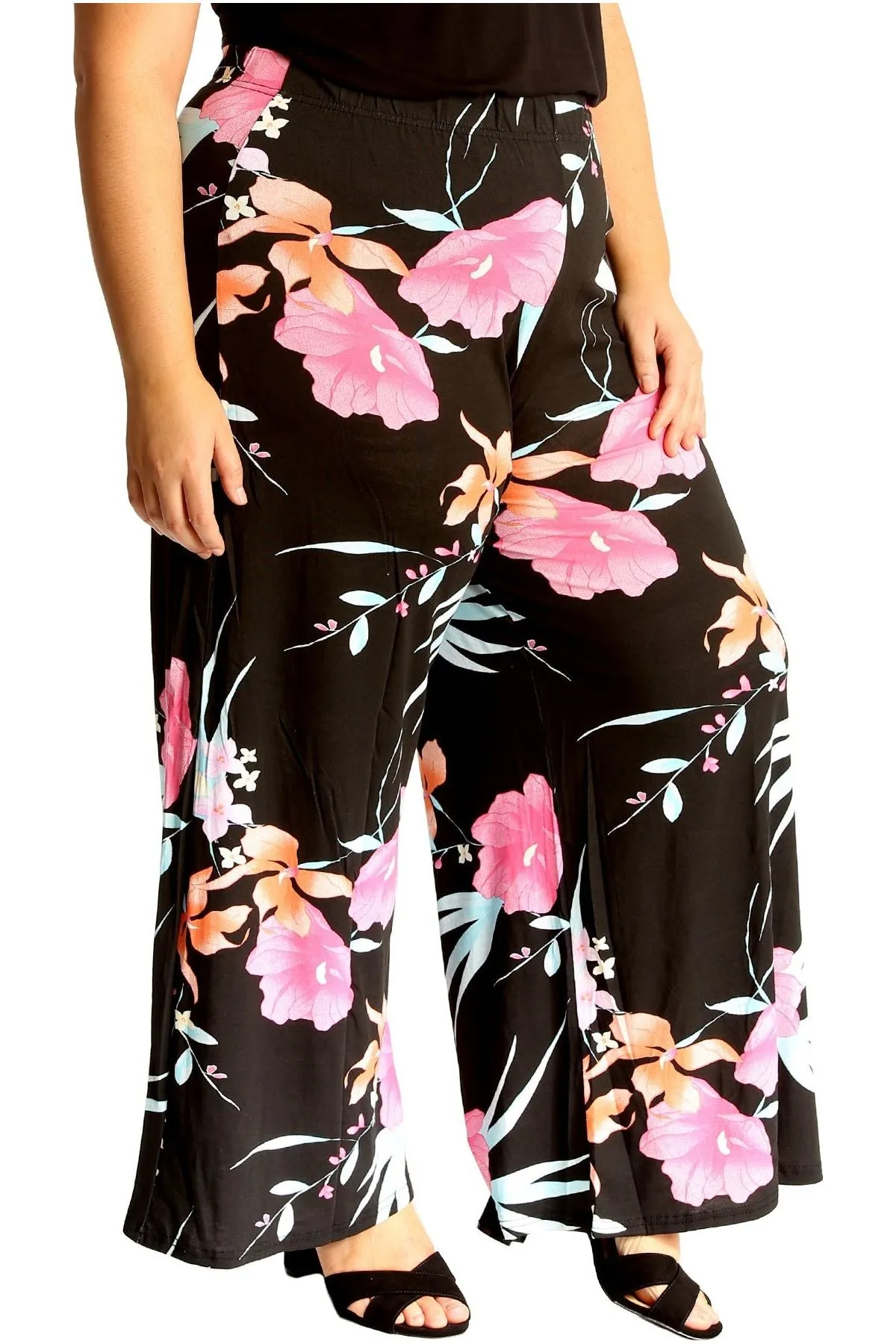 Plus Size Cerise Aqua Floral Print Palazzo Trouser