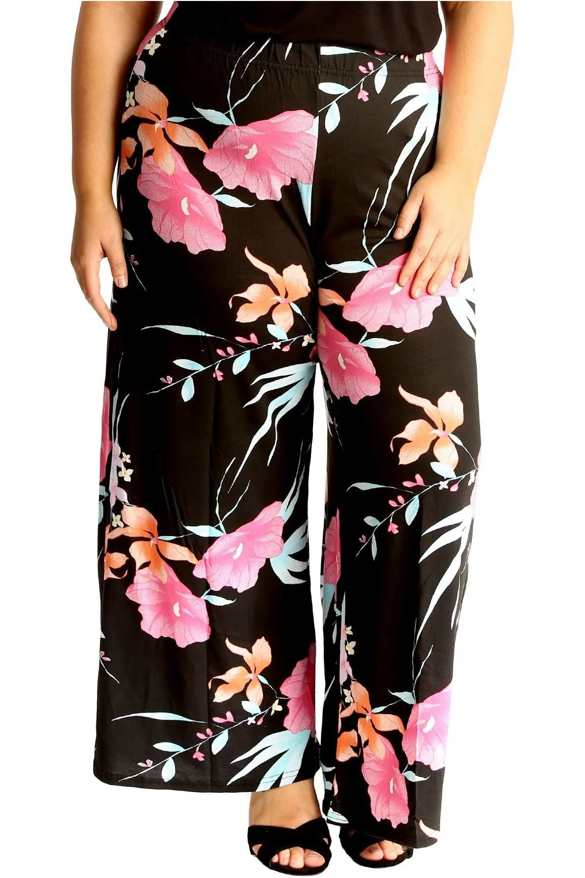 Plus Size Cerise Aqua Floral Print Palazzo Trouser