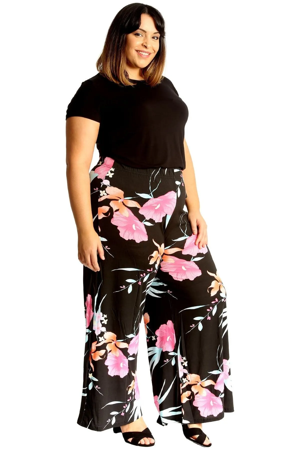 Plus Size Cerise Aqua Floral Print Palazzo Trouser