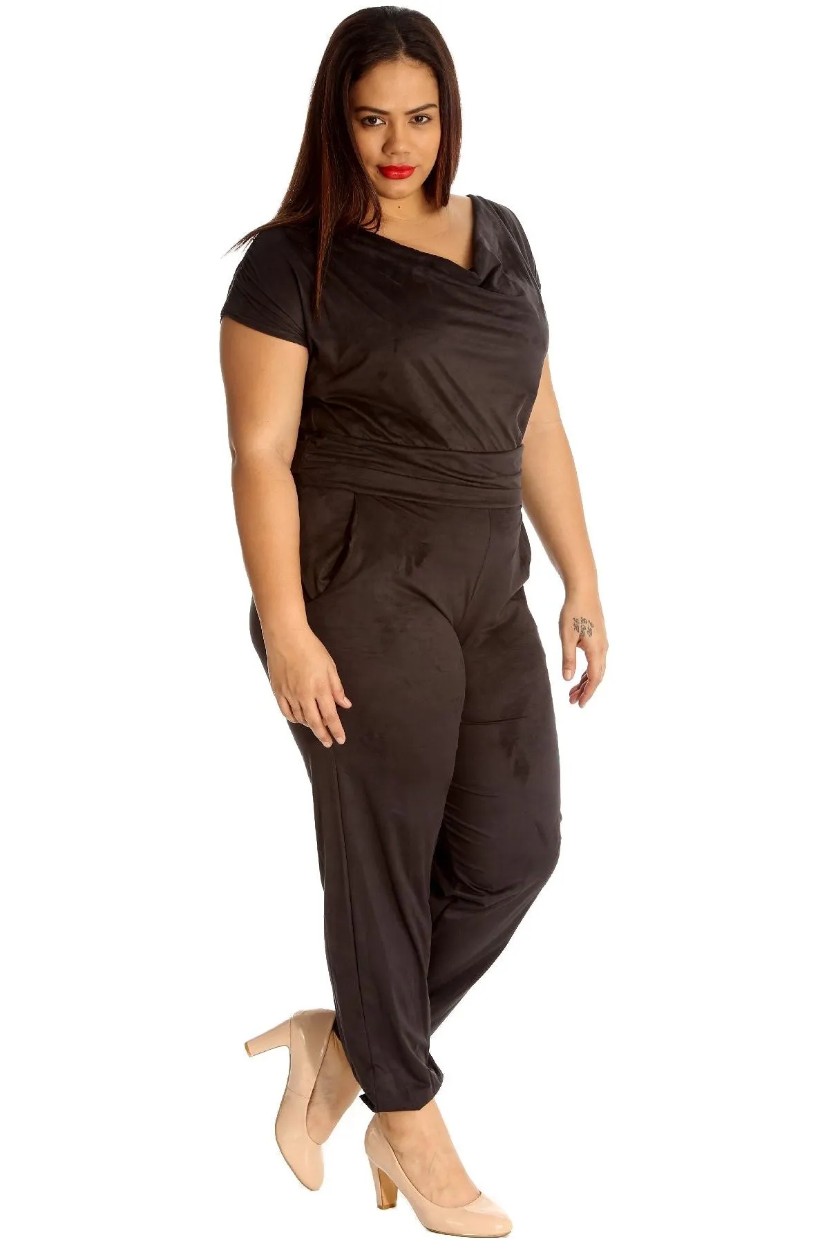 Plus Size Cowl Neck Pocket Belted Jumpsuit