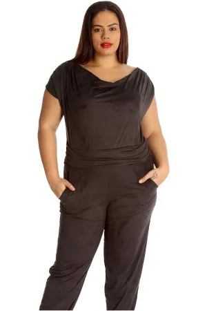 Plus Size Cowl Neck Pocket Belted Jumpsuit