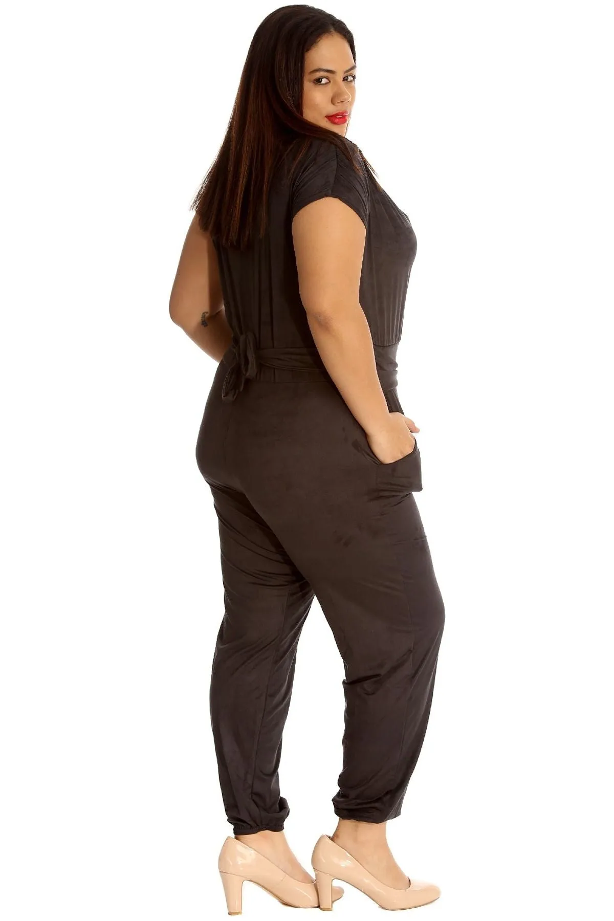 Plus Size Cowl Neck Pocket Belted Jumpsuit