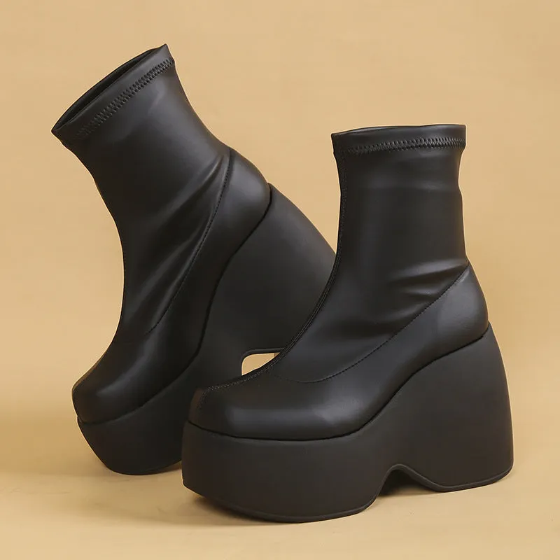 Plus Size Foreign Trade  Spring and Autumn Platform Square Toe Casual Stretch Boots Short Boots Fashion Women's Boots Martin Boots Women's Shoes