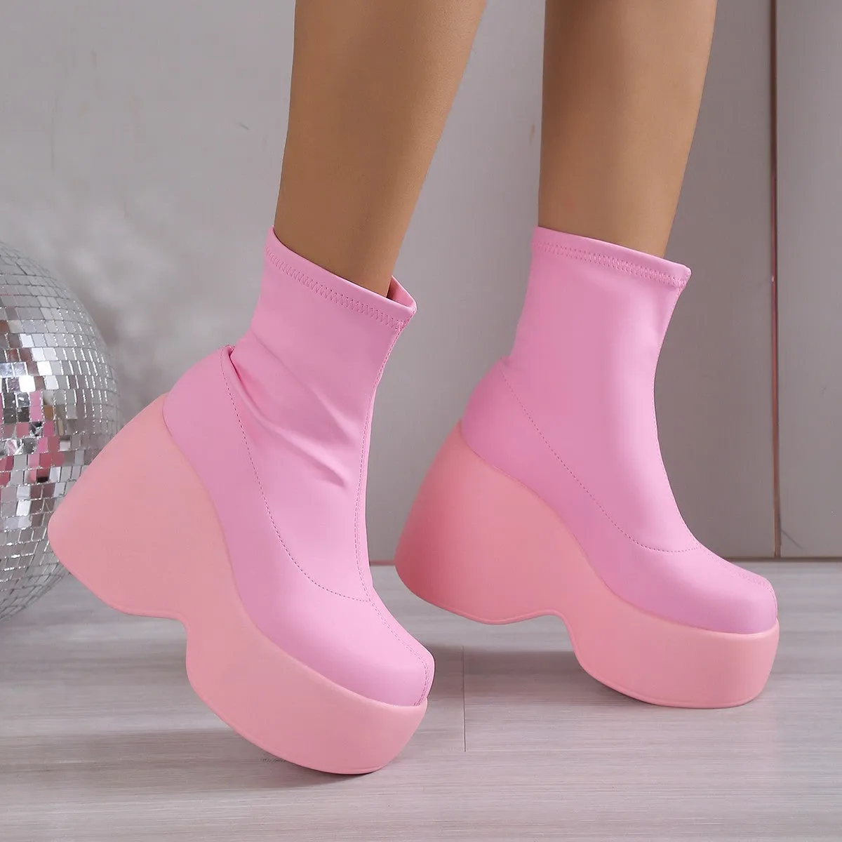 Plus Size Foreign Trade  Spring and Autumn Platform Square Toe Casual Stretch Boots Short Boots Fashion Women's Boots Martin Boots Women's Shoes
