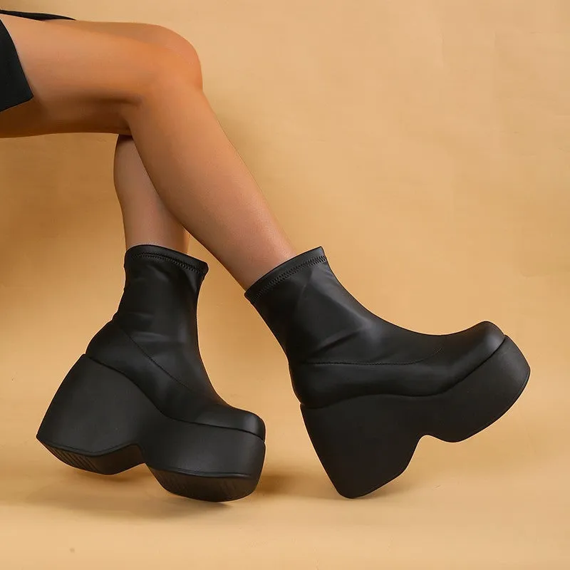 Plus Size Foreign Trade  Spring and Autumn Platform Square Toe Casual Stretch Boots Short Boots Fashion Women's Boots Martin Boots Women's Shoes