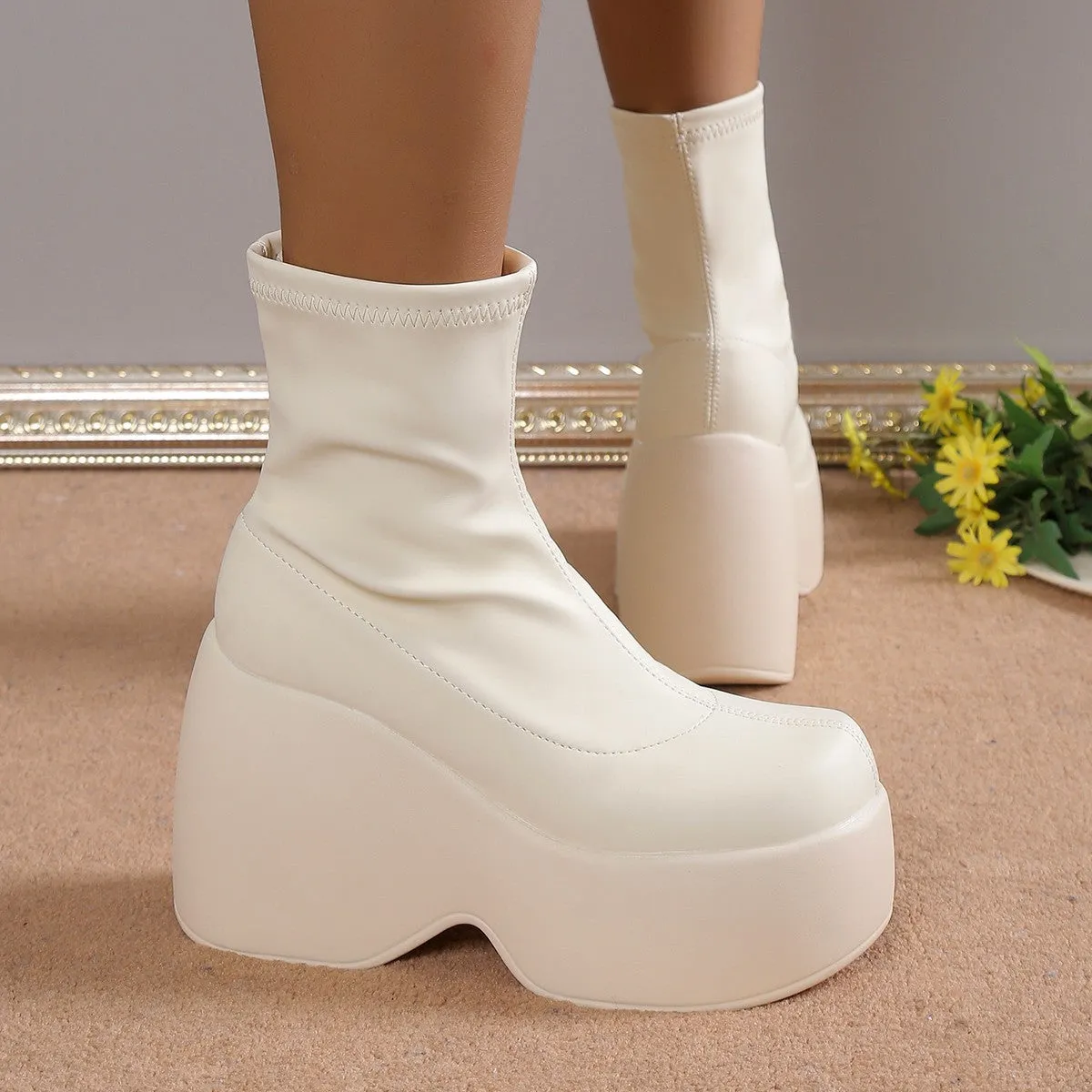 Plus Size Foreign Trade  Spring and Autumn Platform Square Toe Casual Stretch Boots Short Boots Fashion Women's Boots Martin Boots Women's Shoes