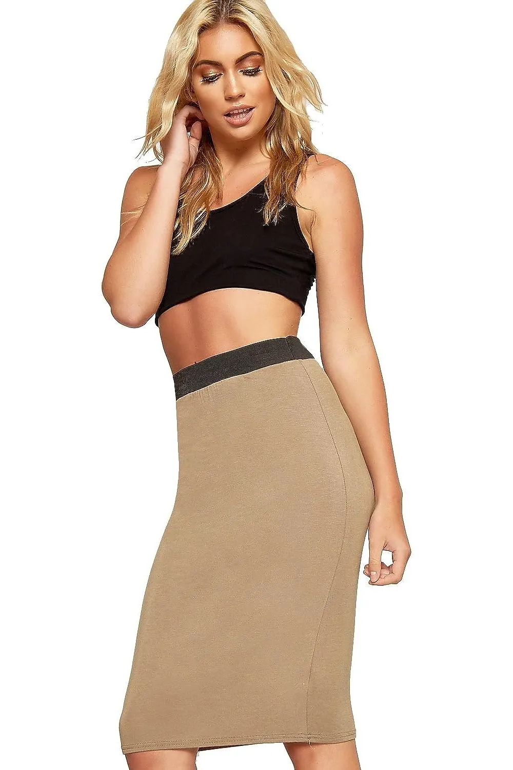 Plus Size Plain Stretch Pencil Midi Skirt