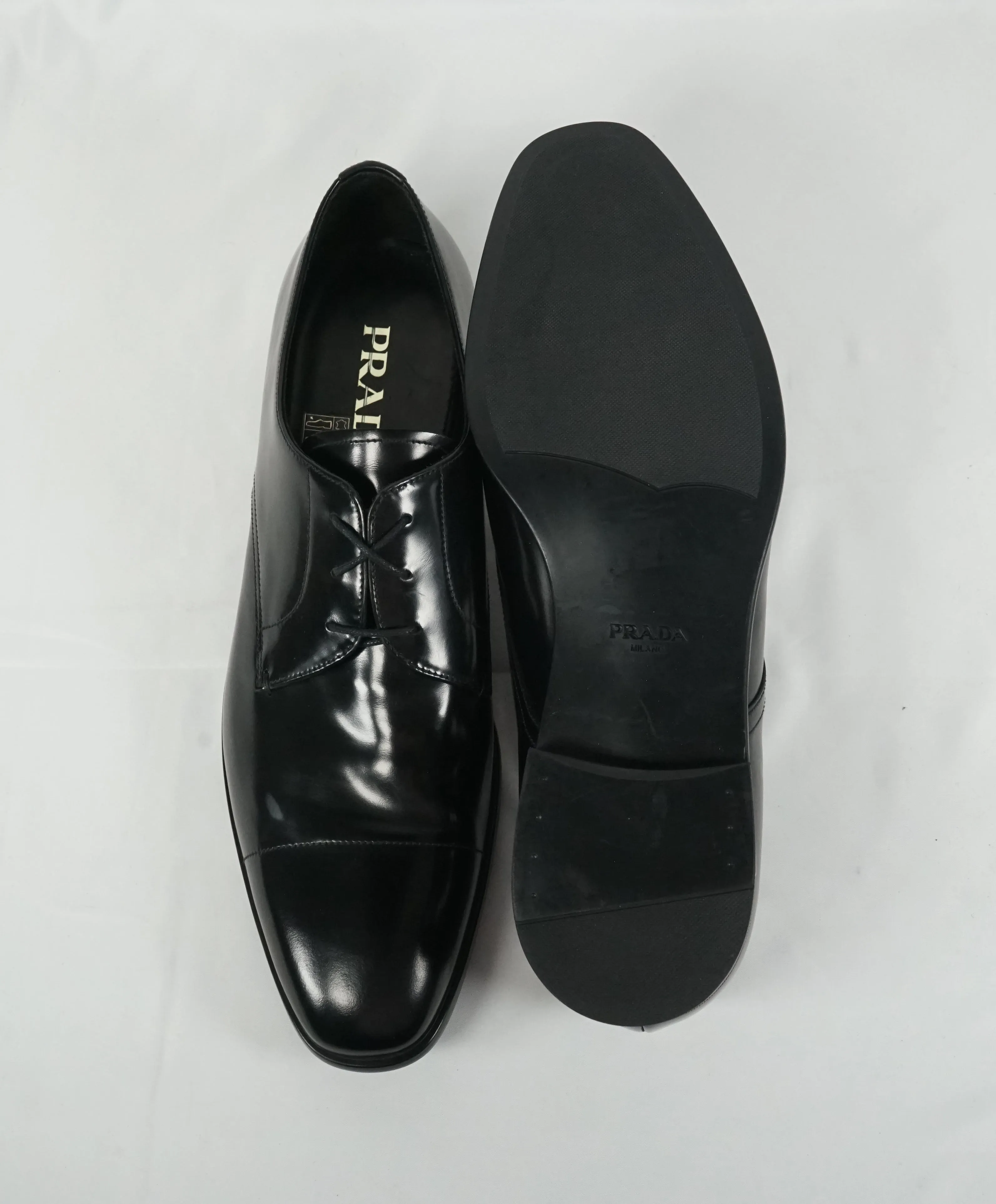 PRADA - Patent Leather Cap Toe Spazzolato Oxfords With Logo Inset Heel - 12