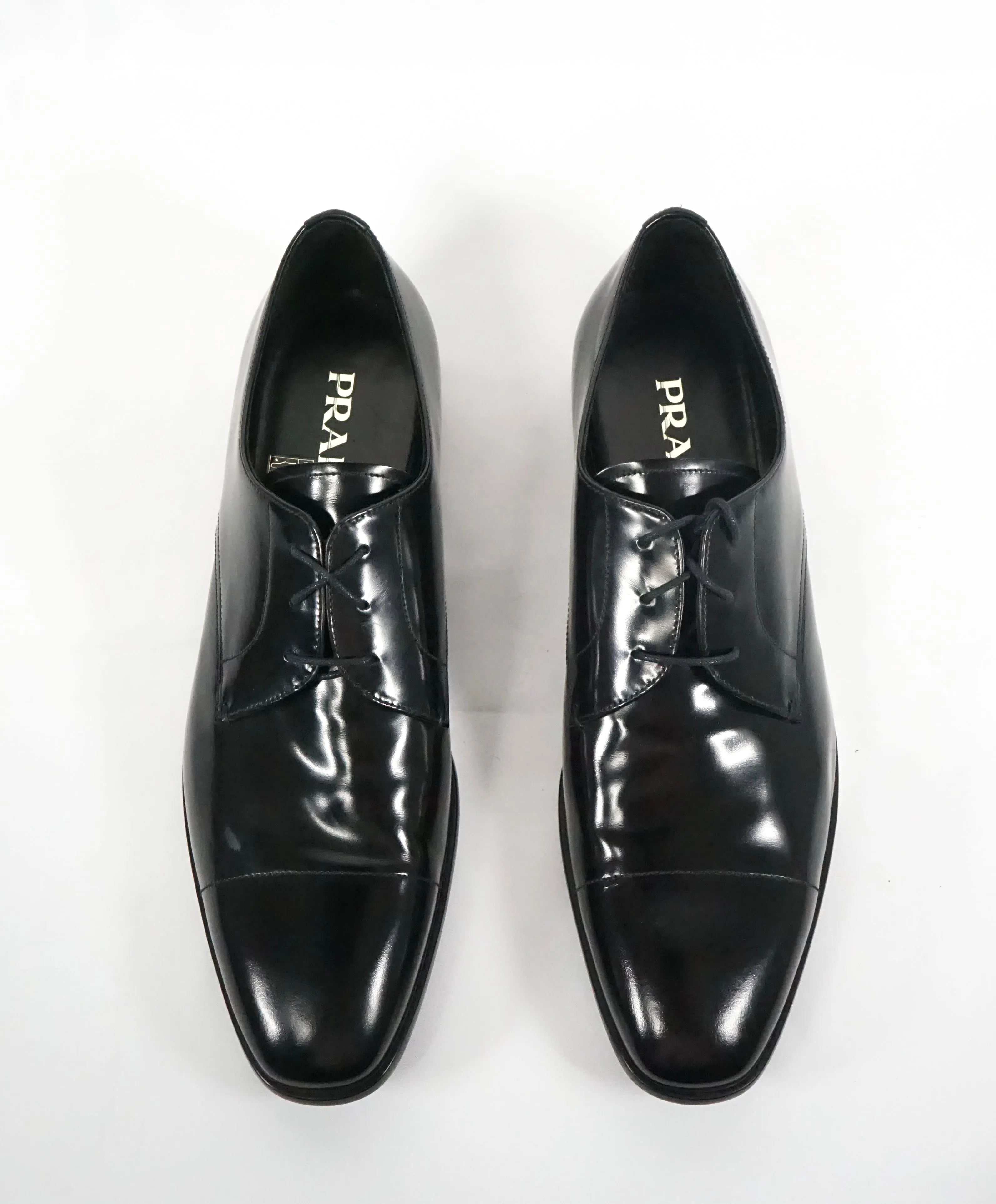 PRADA - Patent Leather Cap Toe Spazzolato Oxfords With Logo Inset Heel - 12