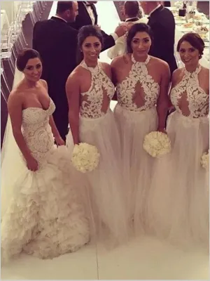Princess Halter Sleeveless Bridesmaid Dresses,Applique Tulle Bridesmaid Dresses