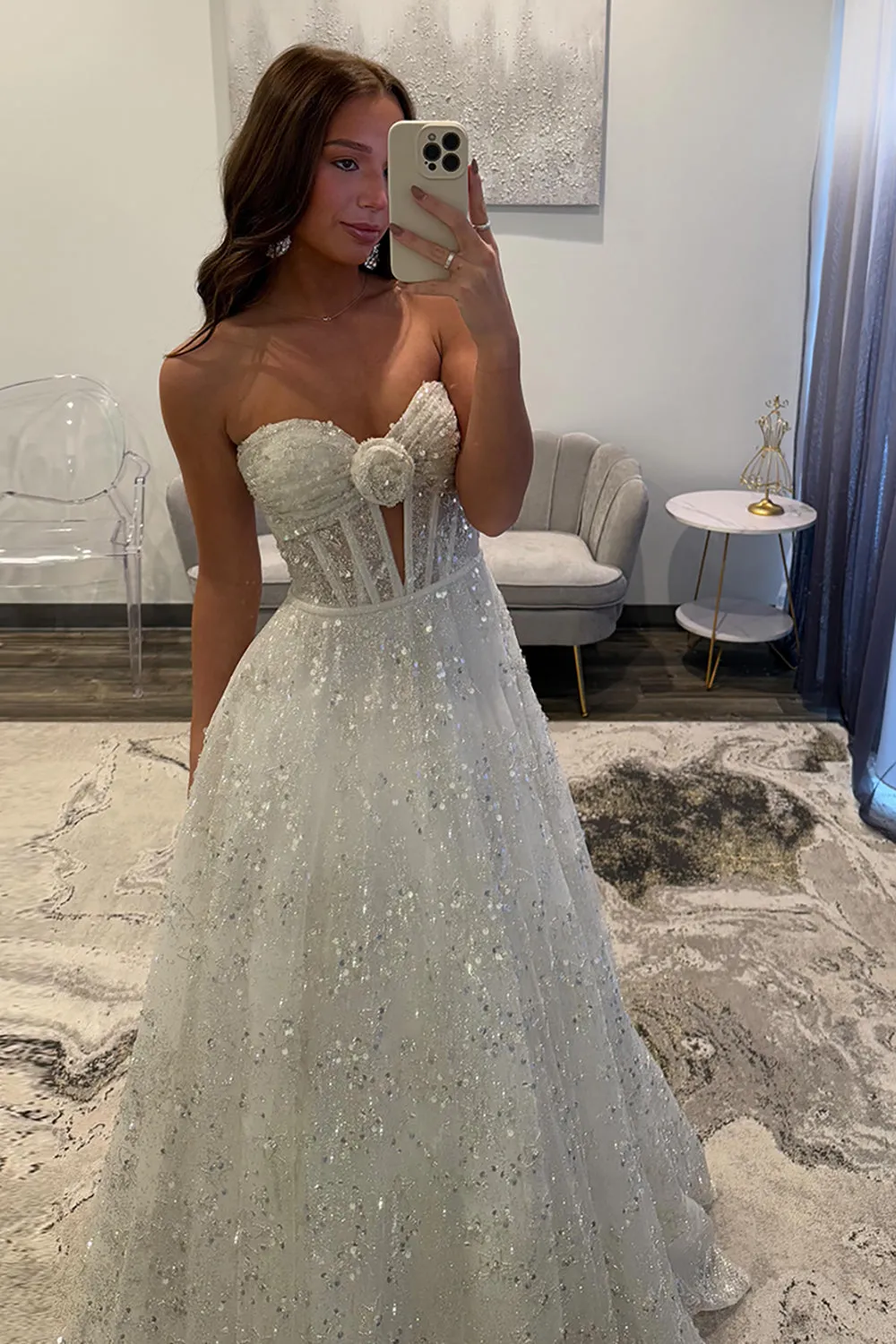 Princess Sparkly White Sequin Corset Ball Gown Long Prom Dress