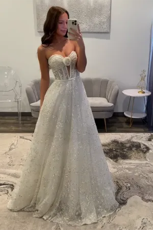 Princess Sparkly White Sequin Corset Ball Gown Long Prom Dress