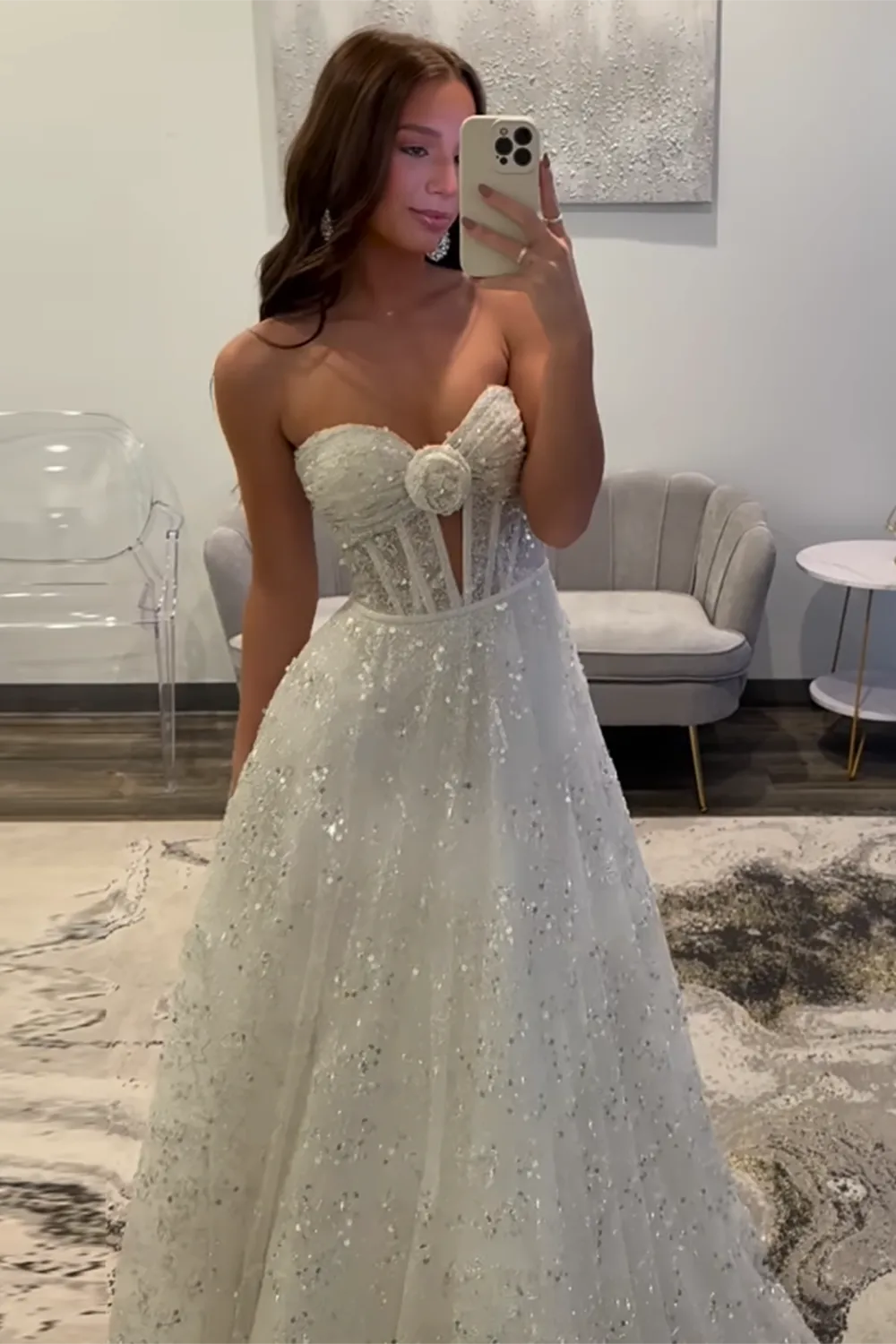 Princess Sparkly White Sequin Corset Ball Gown Long Prom Dress