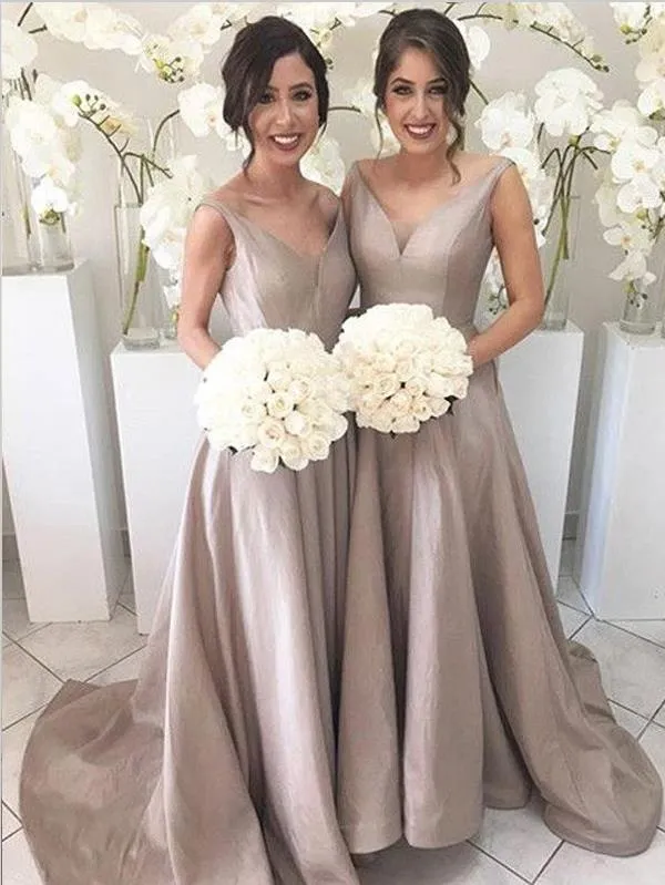 Princess V-neck Bridesmaid Dresses,Sleeveless Train Taffeta Bridesmaid Dresses