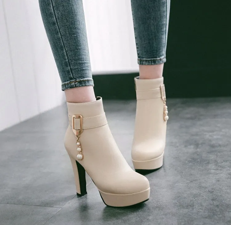 Pu Leather Chunky Heels Short Boots Plus Size Women Shoes 6168