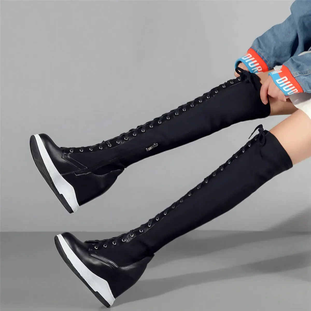 Pumps Plus Size Shoes Women Lace Up Cow Leather Wedges High Heel Over The Knee Boots Female Thigh High Sneakers Big Size Shoes