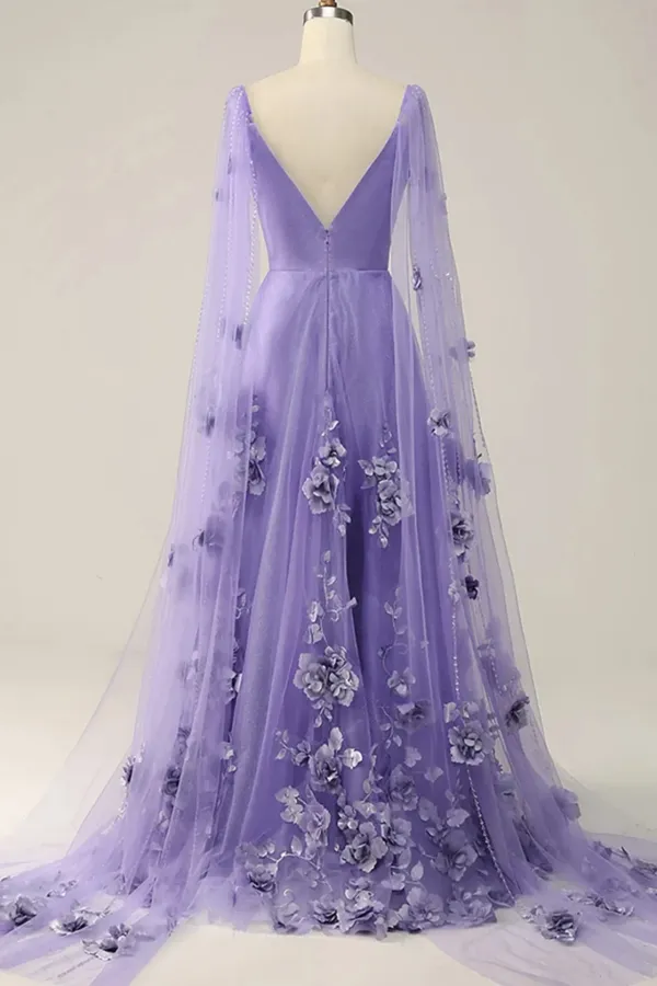Purple A Line V Neckline Flowers Tulle Prom Dress, Purple Low Back Evening Dress APP1066