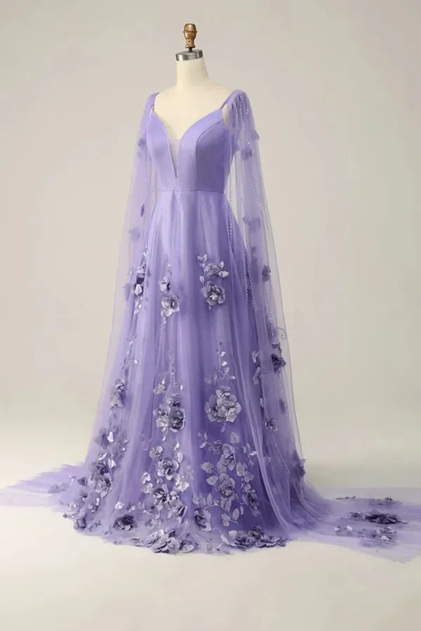 Purple A Line V Neckline Flowers Tulle Prom Dress, Purple Low Back Evening Dress APP1066