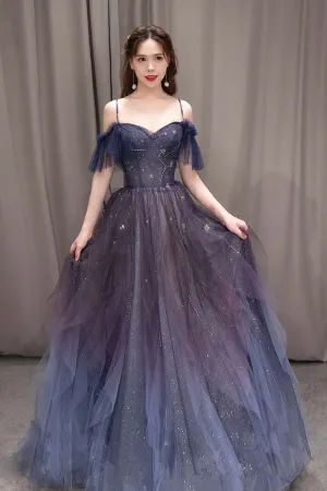 Purple Spaghetti Strap Gradient Tulle Long Prom Dress, A Line Evening Party Dress APP0786