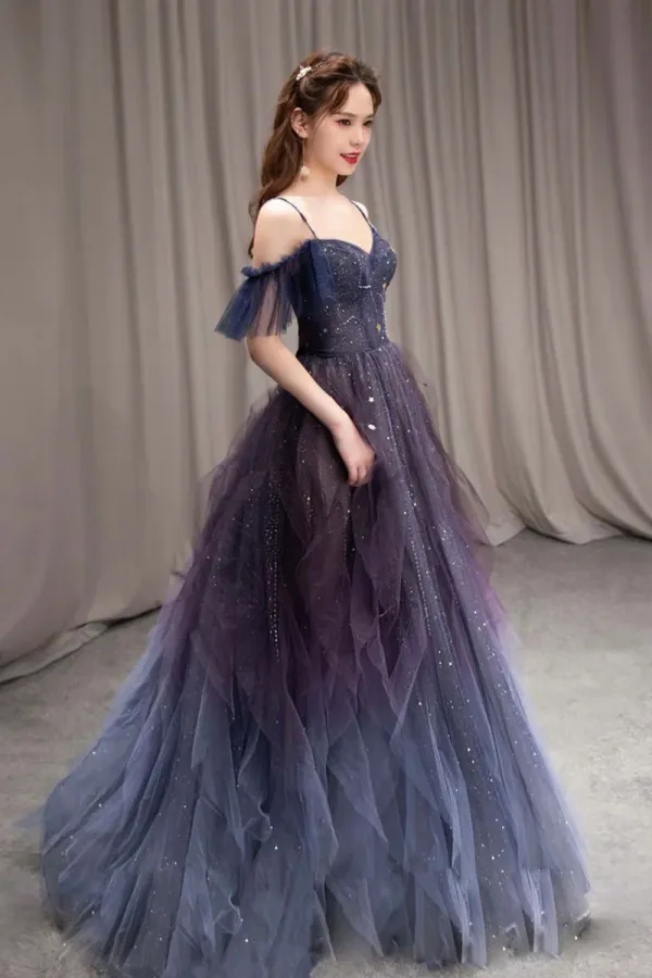 Purple Spaghetti Strap Gradient Tulle Long Prom Dress, A Line Evening Party Dress APP0786