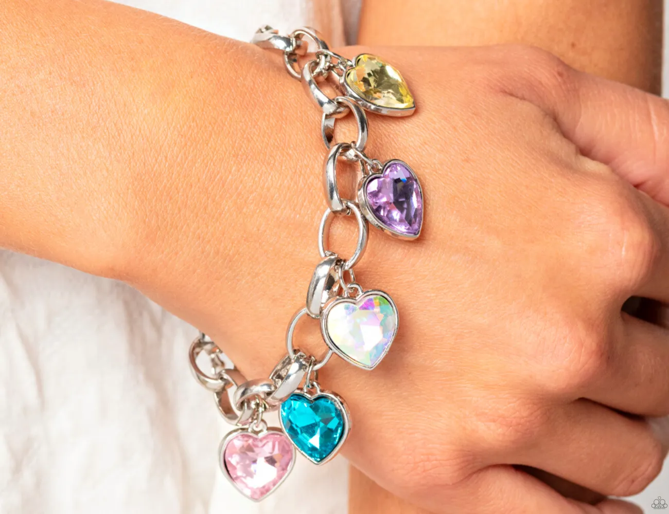 "Candy Heart Charmer" Silver, Multi Pastel Colored Rhinestone Multi Heart Charm Bracelet