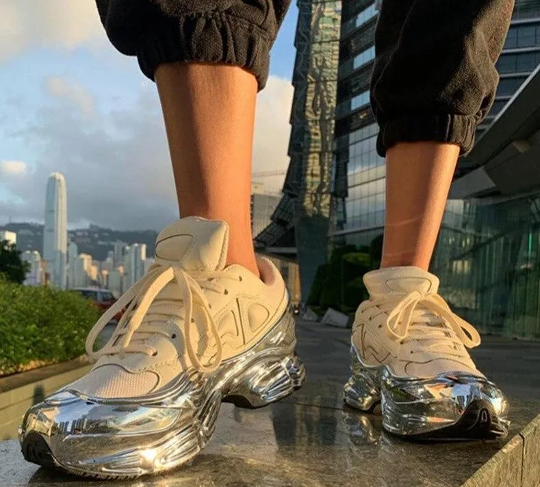 Real leather  thick platform Heel causal shoes women lace up flat mirror hot selling breathable sneakers daddy shoes female