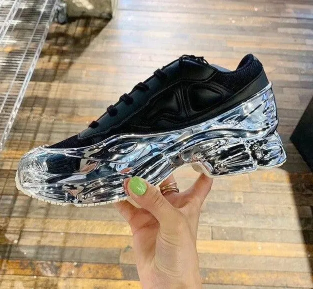 Real leather  thick platform Heel causal shoes women lace up flat mirror hot selling breathable sneakers daddy shoes female