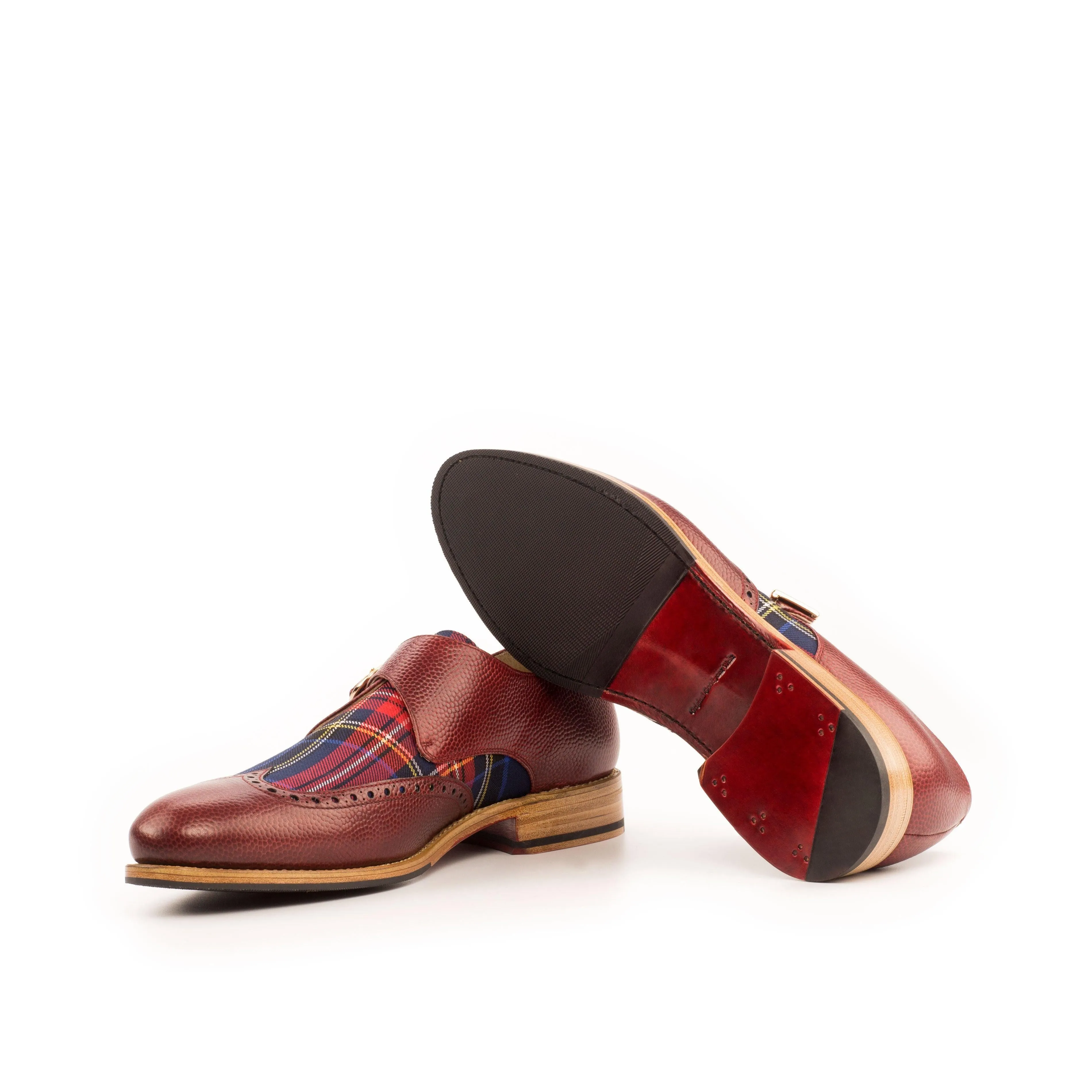Red Leather & Tartan Fabric Single Monk Shoes