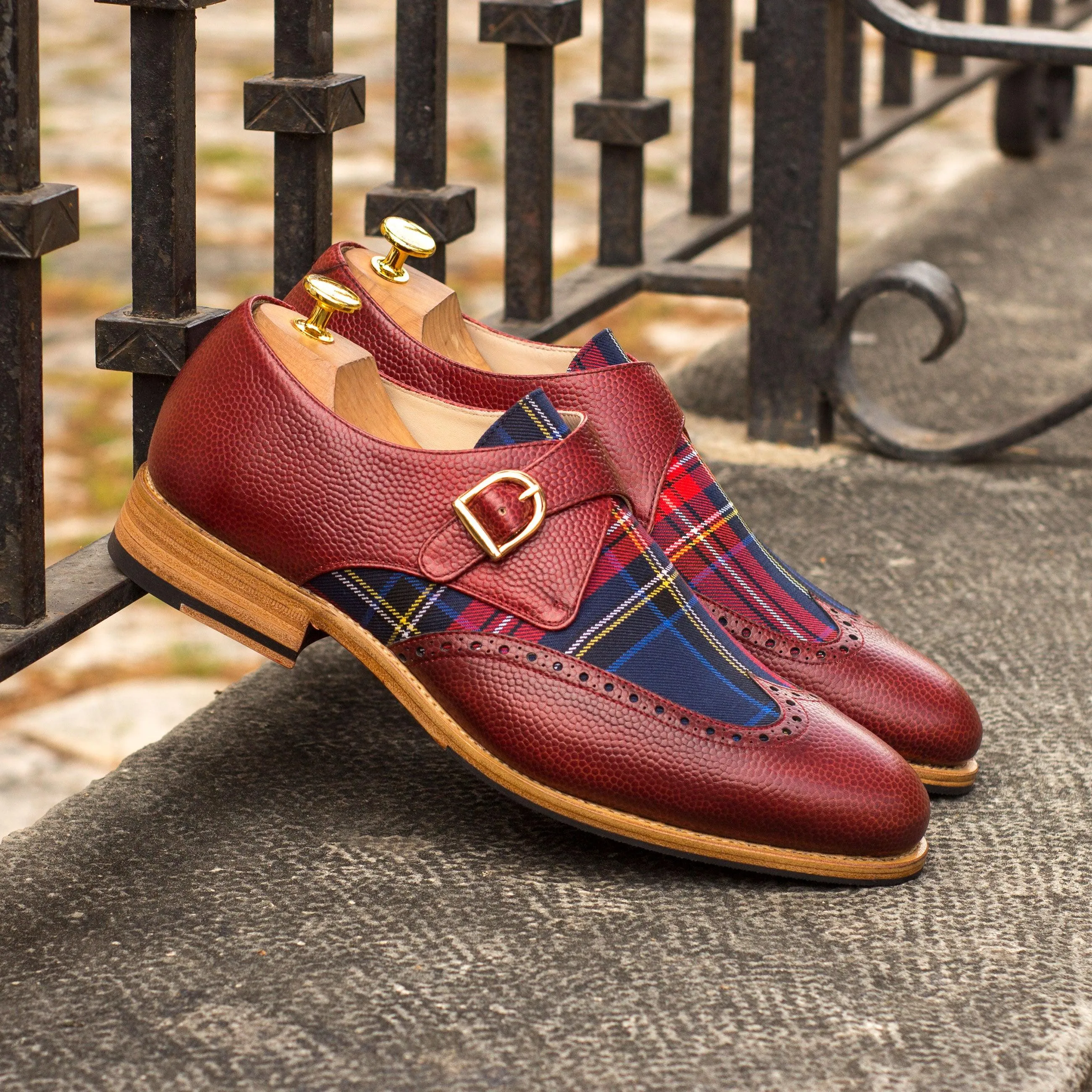 Red Leather & Tartan Fabric Single Monk Shoes