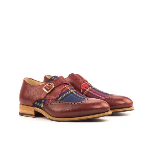 Red Leather & Tartan Fabric Single Monk Shoes