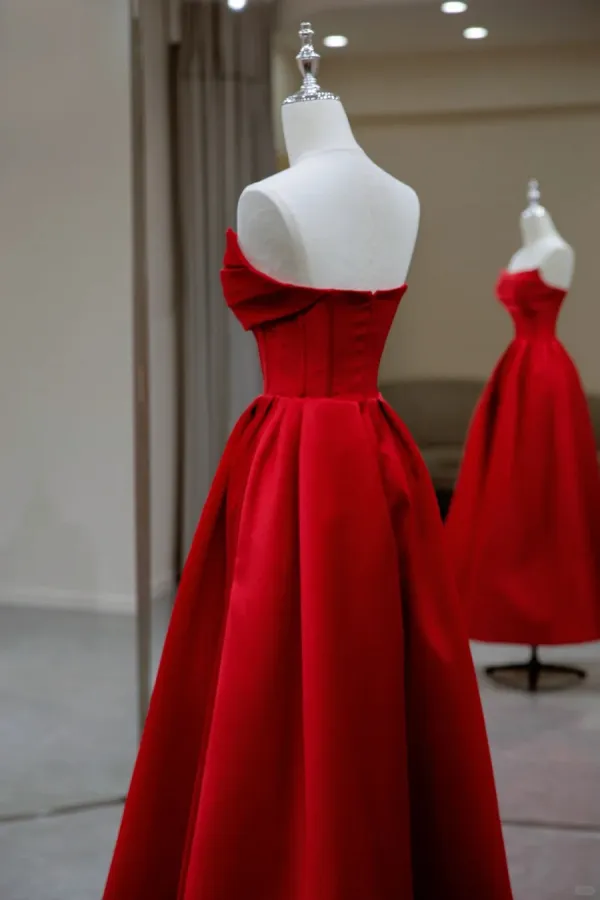 Red Satin Simple Long Party Dress, Red Satin Prom Dress Evening Dress APP0922