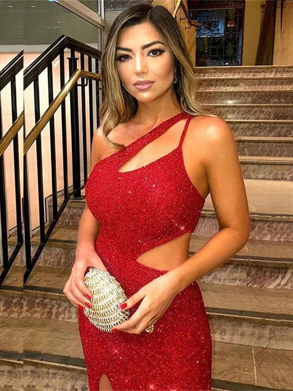 Red Sexy One-shoulder Stylish Open Back Side-slit Mermaid Long Prom Dress, PD3439