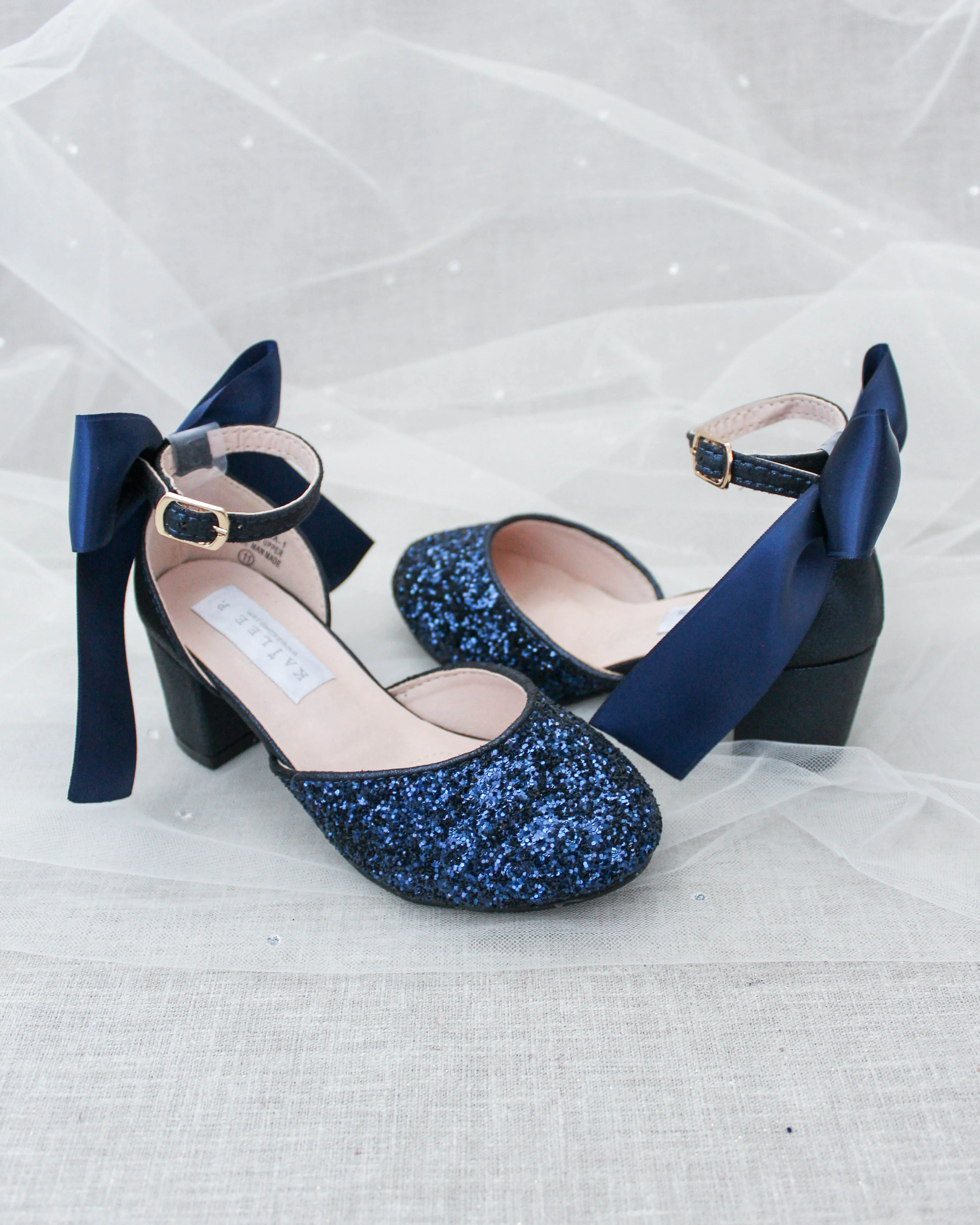 Rock Glitter Block Heel for Girls with Satin Back Bow