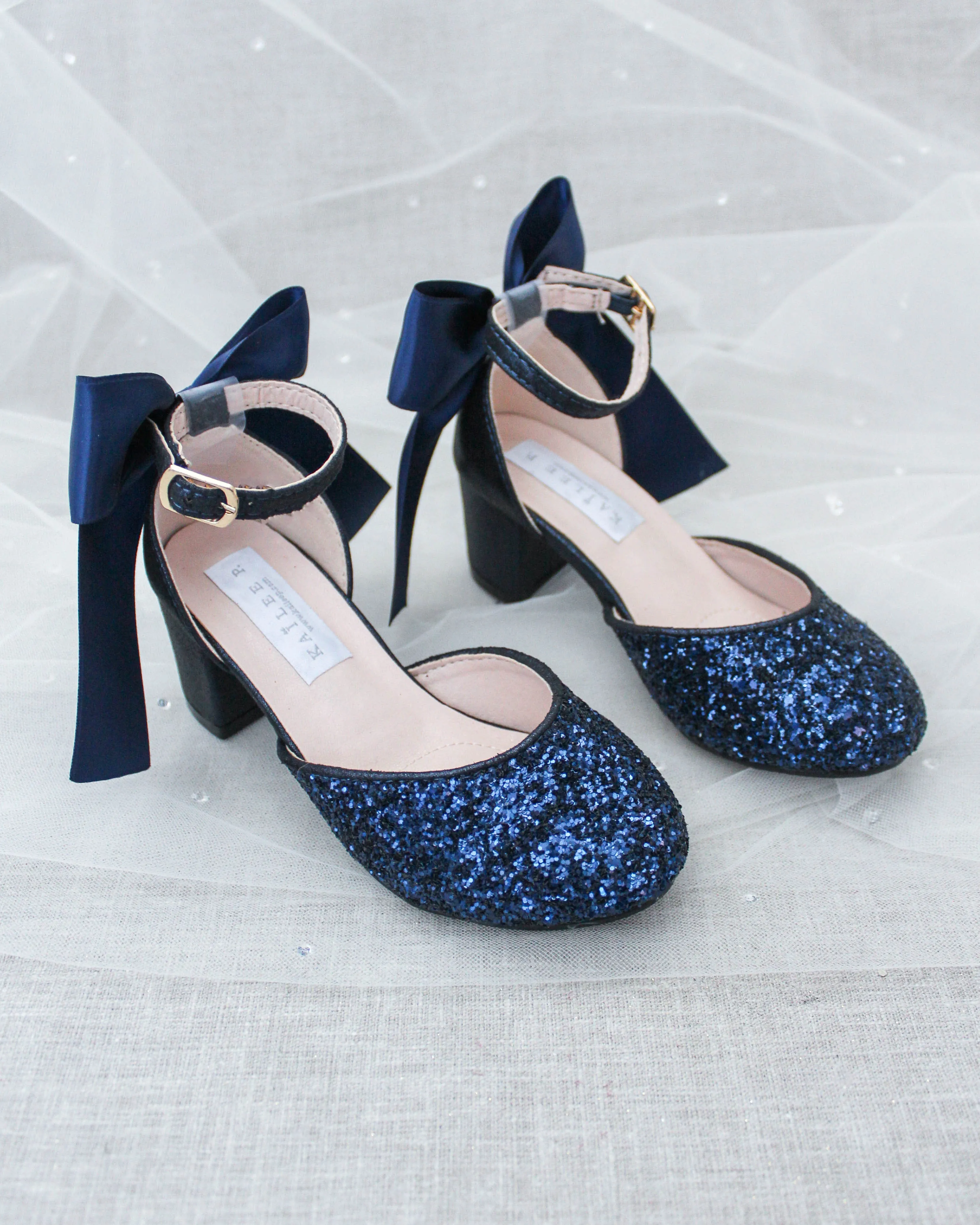 Rock Glitter Block Heel for Girls with Satin Back Bow